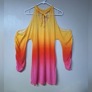 Womens Colorblock Ombre Yellow Orange Pink Cold Shoulder Tie Front Coverups